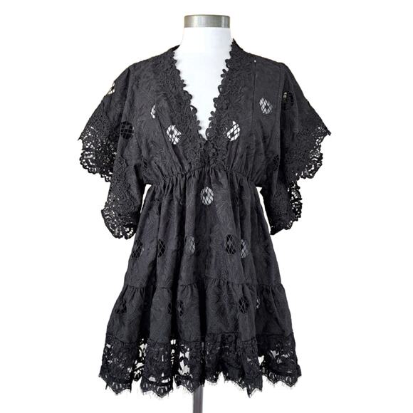 NEW Antica Sartoria Black Embroidered Lace Babydoll Mini Dress O/S Beachy Boho - Picture 1 of 11